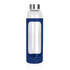 A drink bottle made of clear glass with a navy blue silicone sleeve and a stainless steel lid.