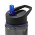 A drink bottle in clear Tritan material with a black lid and blue spout. Features a handle for easy carrying.