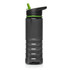 A drink bottle in translucent black with a green lid and straw. It features a sleek design and a logo.