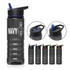 A drink bottle in navy blue and grey, featuring a flip-top lid and a logo, with six colour variations shown.