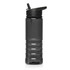 A drink bottle in translucent grey plastic with a black lid and spout, featuring a logo.