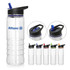 A drink bottle made of clear Tritan, featuring a black cap and various coloured accents, with a logo visible.