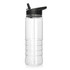 A drink bottle made from clear Tritan with a black lid and straw, featuring a textured grip design.