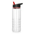 A drink bottle in clear Tritan with a black and red lid and a built-in straw. Features a textured grip design.