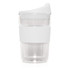 A drink bottle featuring a double wall design, clear glass with a white silicone sleeve and lid.