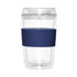 A double-wall glass coffee cup in clear with a navy silicone sleeve, featuring a logo.