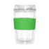 A drink bottle featuring a clear glass design with a green silicone sleeve for grip.