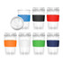 A set of glass double wall coffee cups in various colours, featuring silicone bands and one logo.