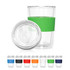 A double-walled glass coffee cup in clear with a green silicone sleeve, surrounded by various coloured options.