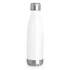 A drink bottle in white with a stainless steel base and top, featuring a branded logo.