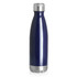 A drink bottle in navy blue with a silver cap, featuring a stainless steel double wall design, 500ml capacity.