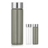 A drink bottle trio in varying sizes, featuring a stainless steel lid and transparent grey or clear glass body.