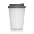 A frosted white double wall coffee cup with a grey lid, featuring a logo.