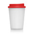 A drink bottle with a frosted clear body and a red plastic lid. It has a logo on the side.