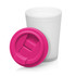 A drink bottle featuring a frosted white double wall design with a pink lid. Includes a branding logo.