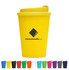 A drink bottle in bright yellow with a lid, featuring a logo and surrounded by various coloured cups.
