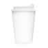 A drink bottle featuring a white double-walled design with a secure lid. It has a logo on the surface.
