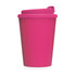 A drink bottle in a bright pink colour with a double wall design and a secure lid. Features a logo.
