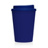 A drink bottle in navy blue, featuring a plastic double wall design and a lid. The product has a logo.