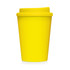 A yellow double-walled coffee cup with a lid, designed for portability, featuring a simple logo.