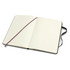 A medium hard cover notebook in black with lined pages and a ribbon bookmark, featuring an interior without visible text.