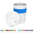 A drink bottle with a stainless steel double wall, featuring a white exterior and a blue silicone band. Includes a snap-on lid.