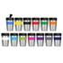 A collection of stainless steel coffee cups in various colours, featuring double walls and black lids, alongside branding.