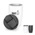 A stainless steel double wall coffee cup in navy and white, with a black lid and branded logo.