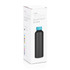 A drink bottle in matte black with a blue cap, displayed in a box featuring a logo and colour options.
