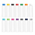 A drink bottle collection with a white body and various coloured caps in blue, black, red, green, orange, pink, purple, and silver.