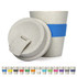 A drink bottle in a light beige colour with a blue lid and band, featuring a variety of other colours below.