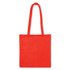 A red non-woven tote bag with a V gusset and long handles. It features a logo on the front.
