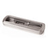 A silver gift box containing a pen and a keyring, displayed in a clear-top case.