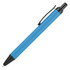 A blue ballpoint pen with a black clip and tip, featuring a smooth, sleek design and a logo.