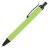 A green metal ballpoint pen with a black clip and tip, featuring a sleek design and a logo.