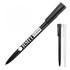 A black ballpoint pen with a glossy finish, accompanied by a white pen, featuring a logo.