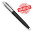 A metal ballpoint pen in black with a silver clip and a branding logo.
