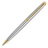 A metal ballpoint pen in brushed stainless steel with gold accents and a branded logo.