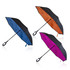 A set of three umbrellas featuring double canopies in blue, orange, and pink, with black accents and curved handles.