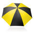 A black and yellow, 75cm umbrella with a striking striped design and a central pole. It features a logo.