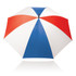A 75cm umbrella featuring red, white, and blue panels, with a central handle and a logo on the shaft.
