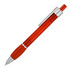 A red ballpoint pen with a silver clip and grip, featuring a translucent barrel and a rounded tip.