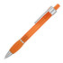 An orange ballpoint pen with a silver clip and grip section. It features branding on the barrel.