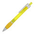 A bright yellow ballpoint pen with a silver clip and grip section. It features a transparent barrel and branding.