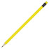 A yellow pencil with a sharpened tip and a black eraser on the end, featuring a simple design.