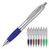 A ballpoint pen with a silver body and a blue grip, alongside a variety of pens in different colours.