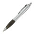 A silver ballpoint pen with a black rubber grip and a clip, featuring a branding logo.