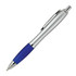 A silver ballpoint pen with a blue rubber grip and a metal clip, featuring a branding logo.