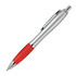 A ballpoint pen with a silver body and a red grip, featuring a clip and chrome accents. It has a logo on the barrel.