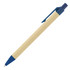 A ballpoint pen with a recycled paper barrel and blue plastic accents. It features a logo on the clip.